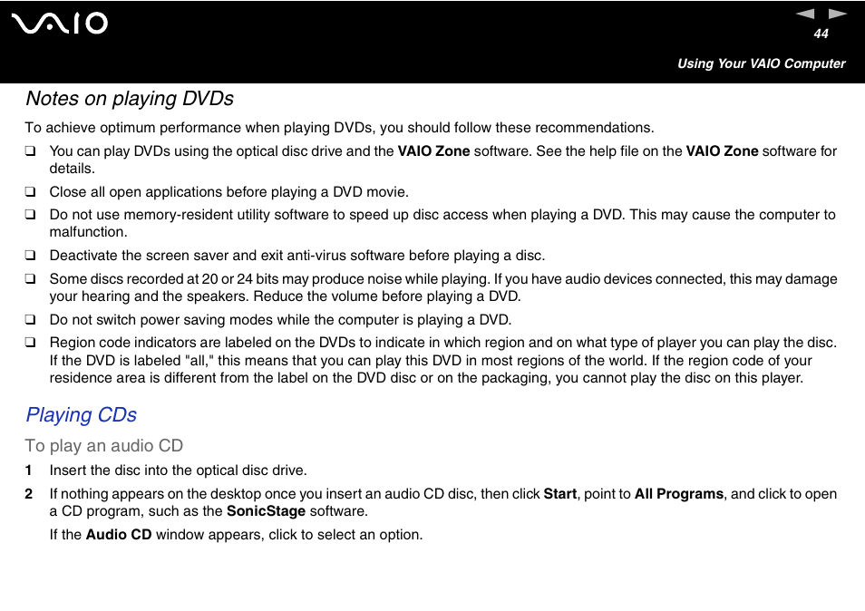 Playing cds | Sony VGC-V User Manual | Page 44 / 158