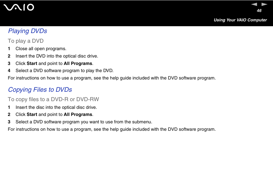 Playing dvds, Copying files to dvds | Sony VGC-V User Manual | Page 46 / 158