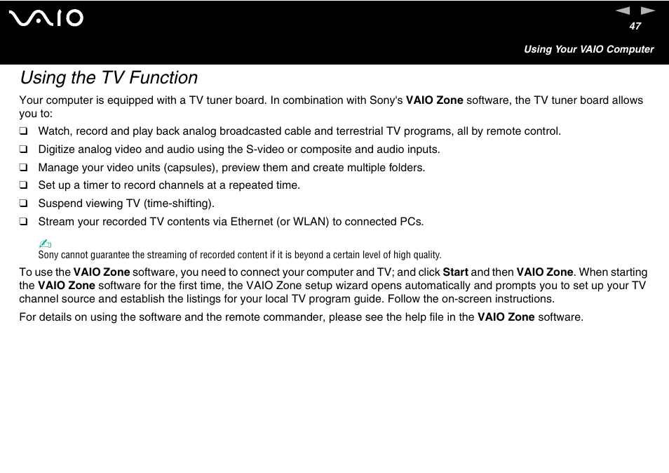 Using the tv function, Tion | Sony VGC-V User Manual | Page 47 / 158