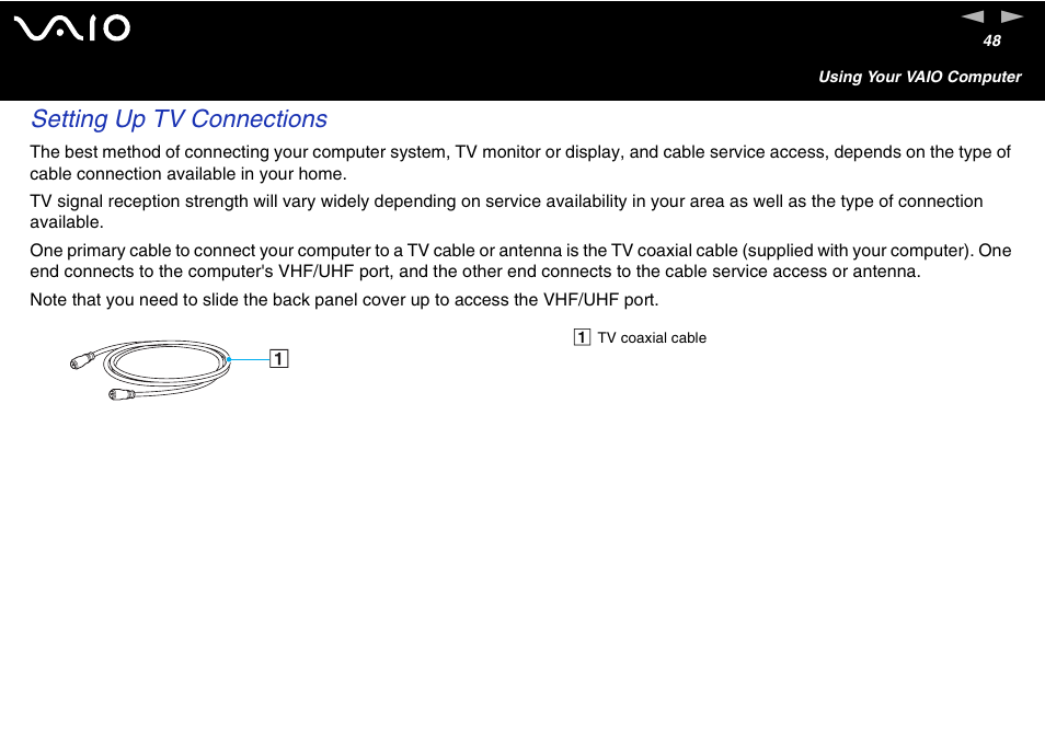 Setting up tv connections | Sony VGC-V User Manual | Page 48 / 158