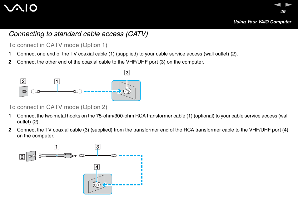 Connecting to standard cable access (catv) | Sony VGC-V User Manual | Page 49 / 158