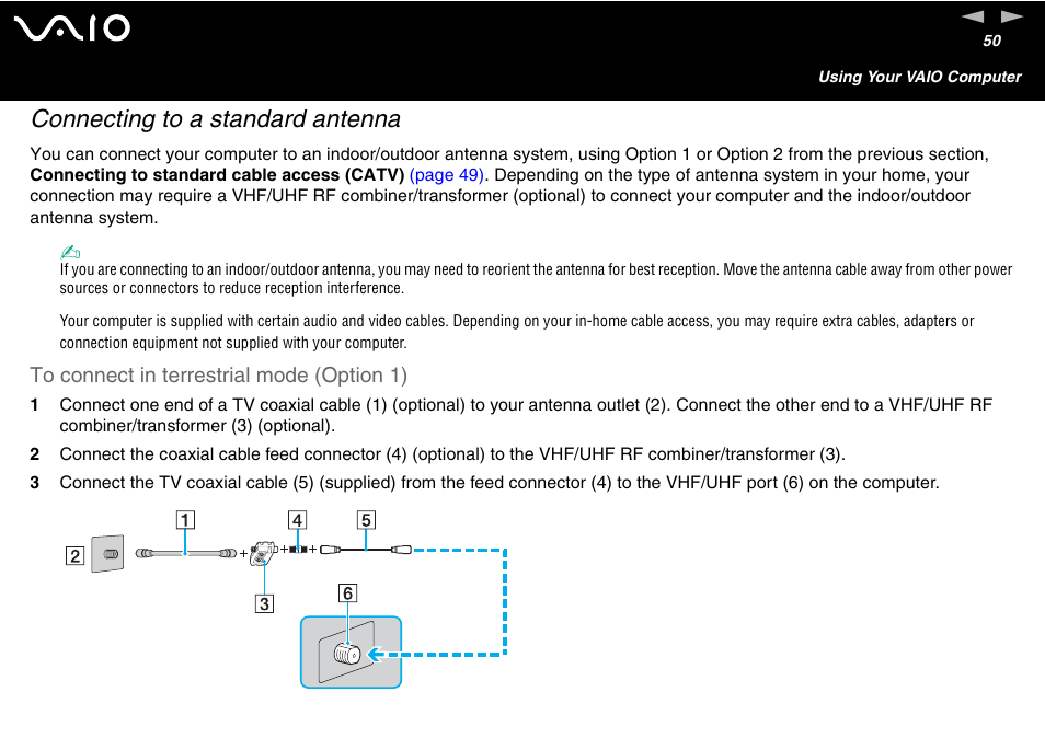 Connecting to a standard antenna | Sony VGC-V User Manual | Page 50 / 158