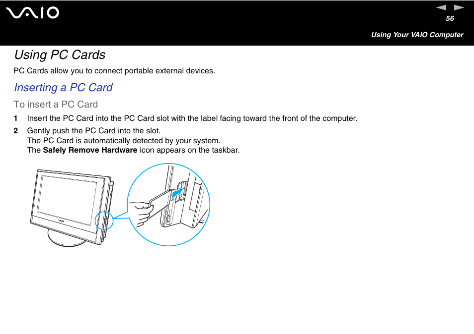 Using pc cards, Inserting a pc card | Sony VGC-V User Manual | Page 56 / 158
