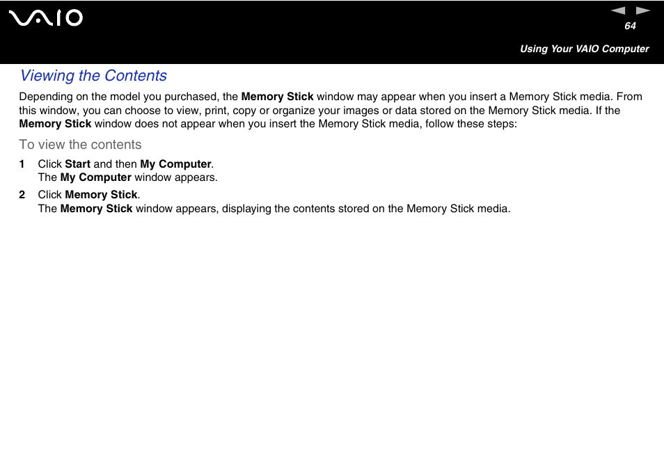 Viewing the contents | Sony VGC-V User Manual | Page 64 / 158