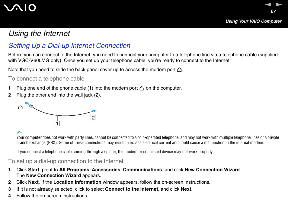 Using the internet, Setting up a dial-up internet connection | Sony VGC-V User Manual | Page 67 / 158