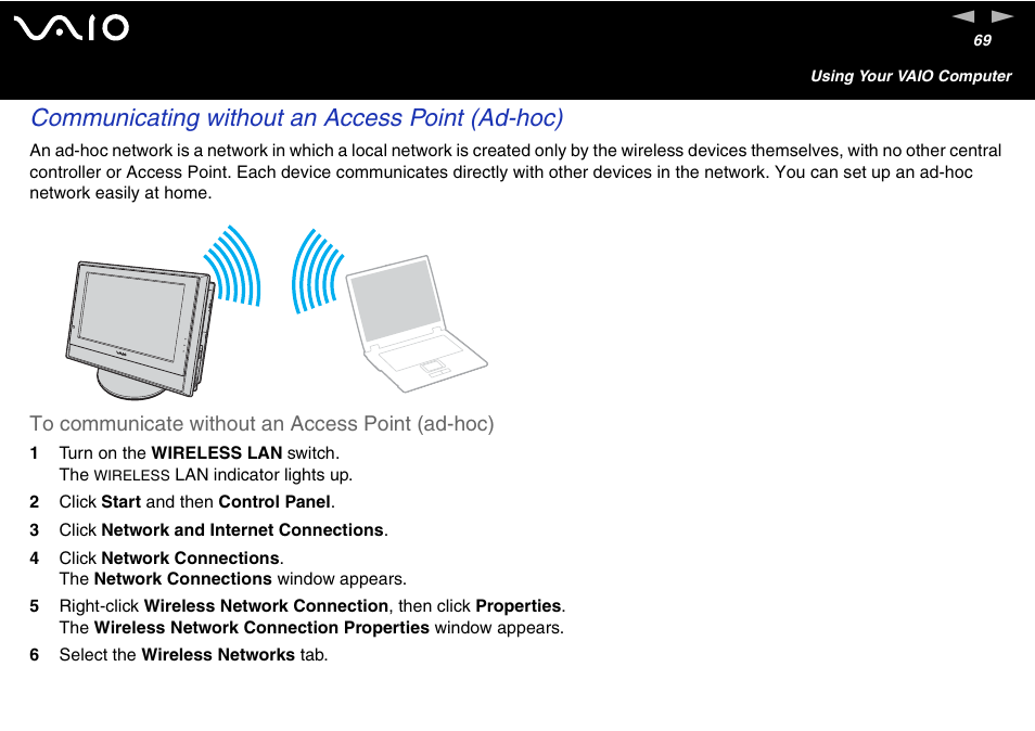 Communicating without an access point (ad-hoc) | Sony VGC-V User Manual | Page 69 / 158