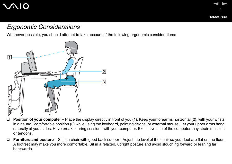 Ergonomic considerations | Sony VGC-V User Manual | Page 7 / 158