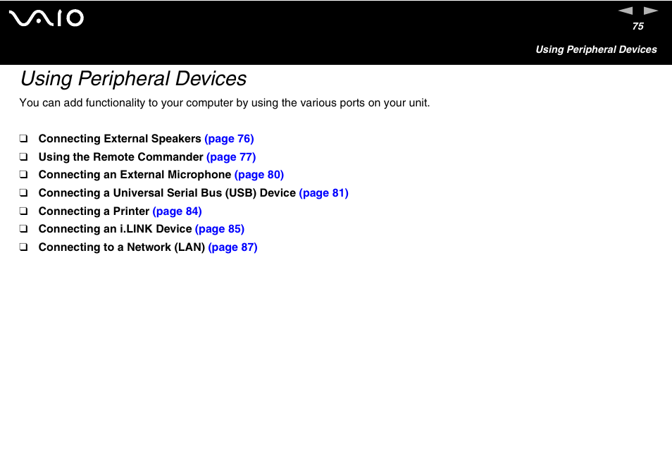 Using peripheral devices | Sony VGC-V User Manual | Page 75 / 158