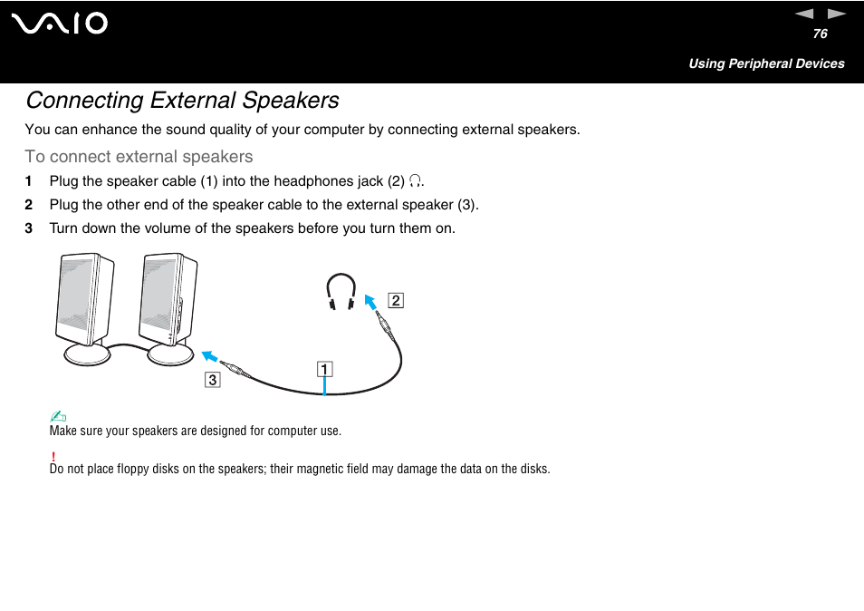 Connecting external speakers | Sony VGC-V User Manual | Page 76 / 158