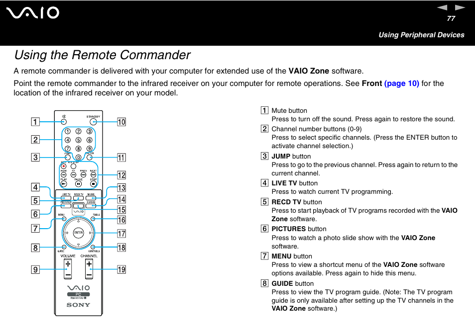 Using the remote commander | Sony VGC-V User Manual | Page 77 / 158