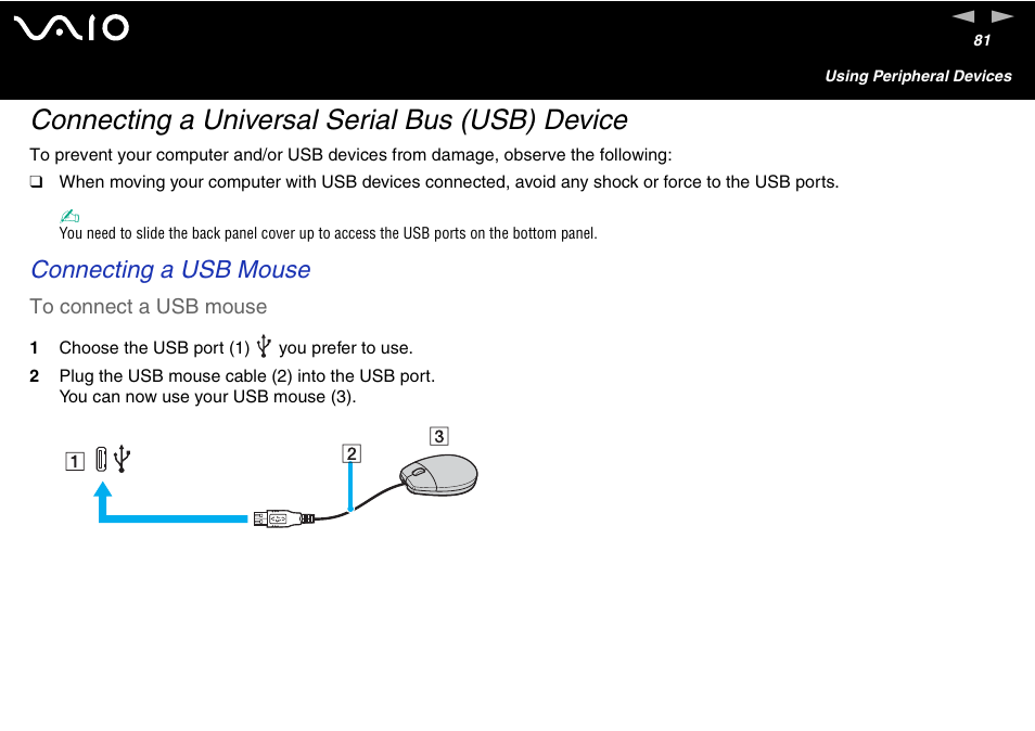 Connecting a universal serial bus (usb) device, Connecting a usb mouse | Sony VGC-V User Manual | Page 81 / 158