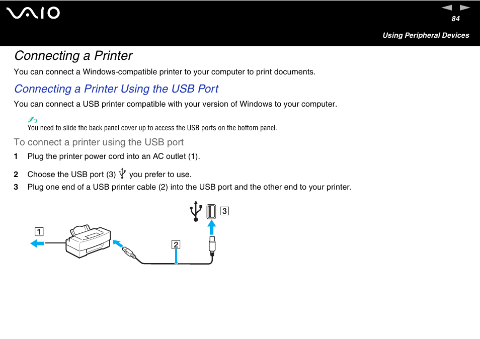 Connecting a printer, Connecting a printer using the usb port | Sony VGC-V User Manual | Page 84 / 158