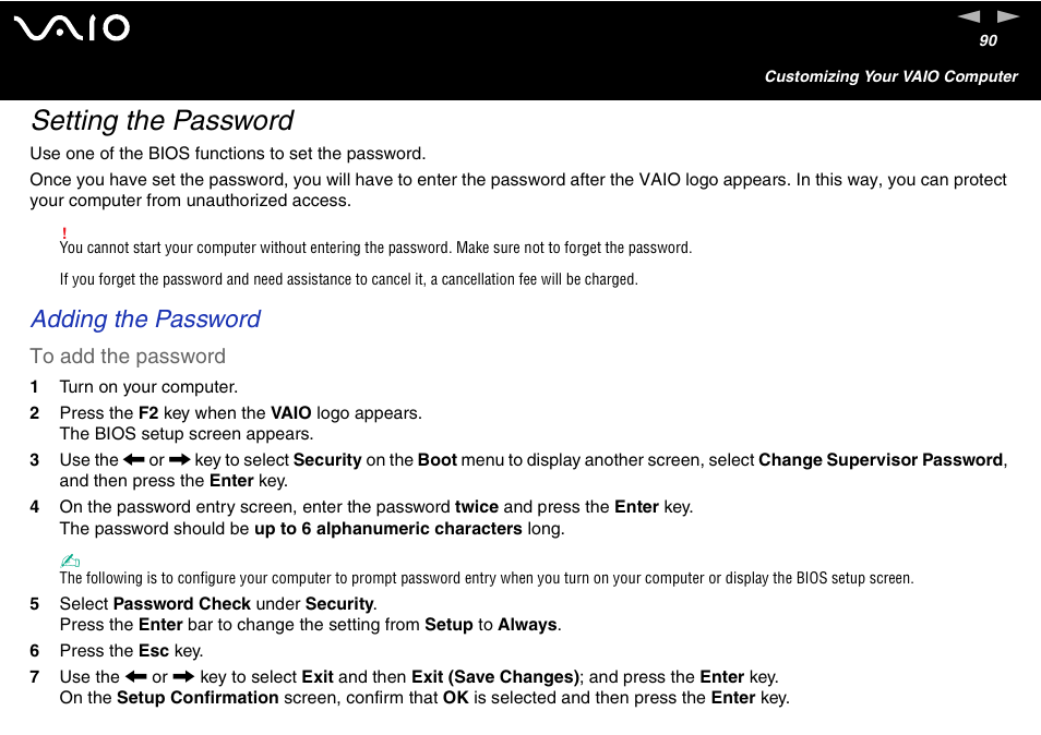 Setting the password, Adding the password | Sony VGC-V User Manual | Page 90 / 158