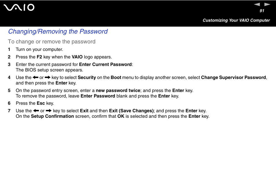 Changing/removing the password | Sony VGC-V User Manual | Page 91 / 158