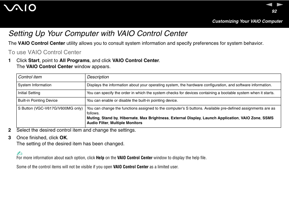 Setting up your computer with vaio control center | Sony VGC-V User Manual | Page 92 / 158