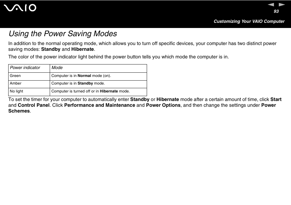 Using the power saving modes | Sony VGC-V User Manual | Page 93 / 158