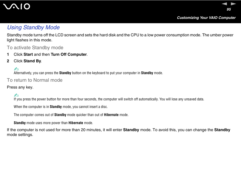 Using standby mode | Sony VGC-V User Manual | Page 95 / 158