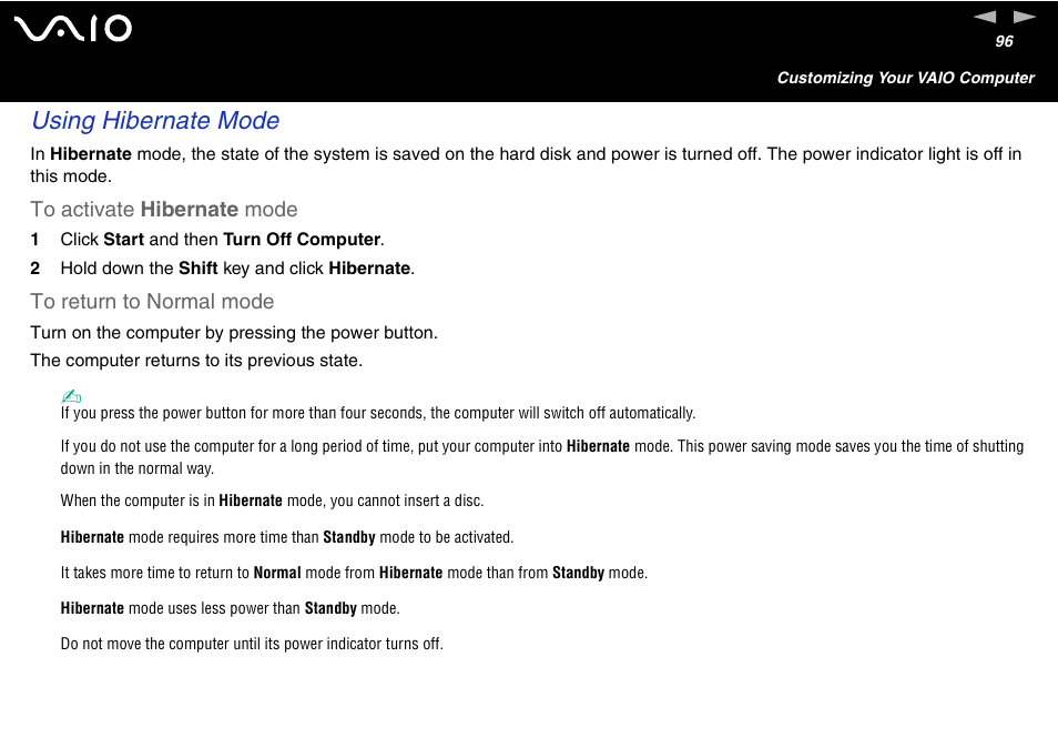 Using hibernate mode | Sony VGC-V User Manual | Page 96 / 158