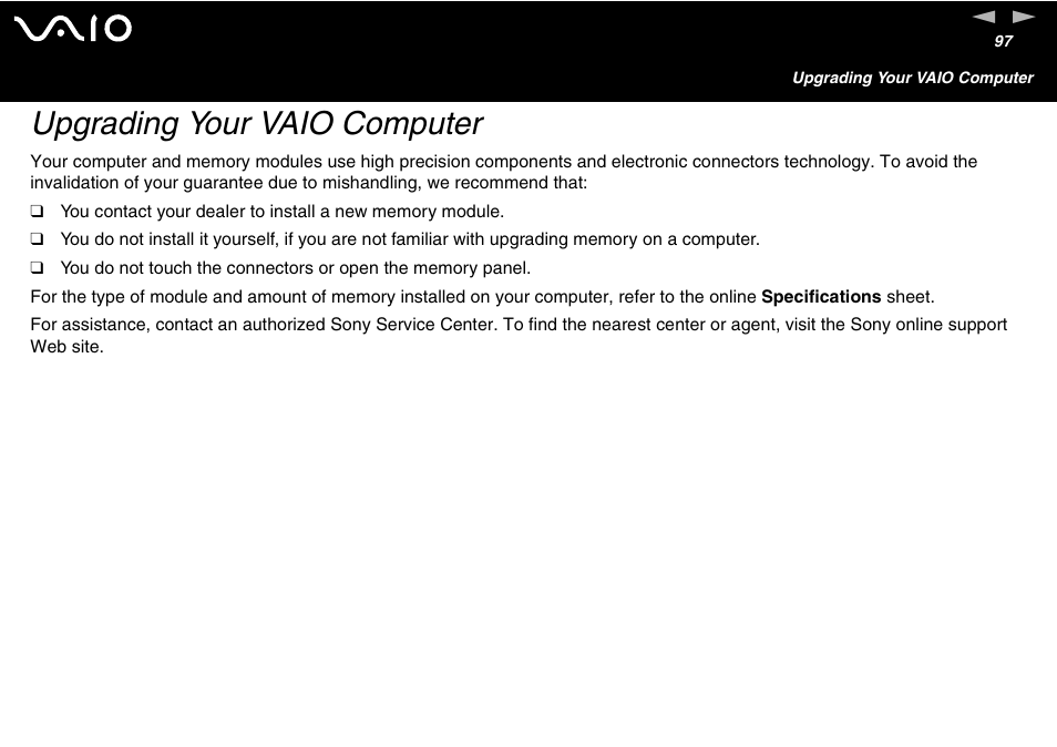 Upgrading your vaio computer | Sony VGC-V User Manual | Page 97 / 158