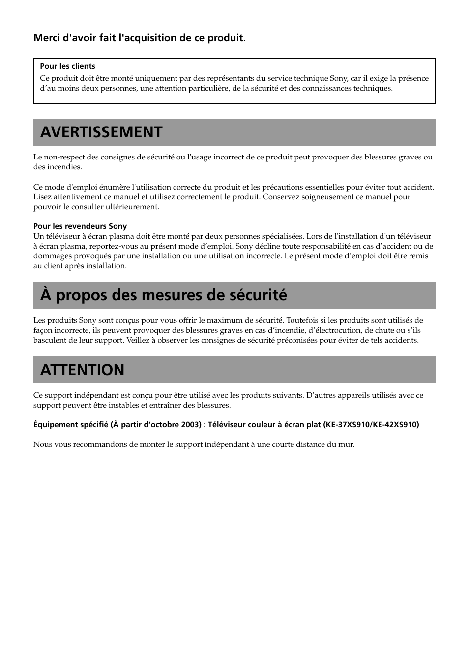 Avertissement, À propos des mesures de sécurité, Attention | Sony SU-PF2 User Manual | Page 14 / 40