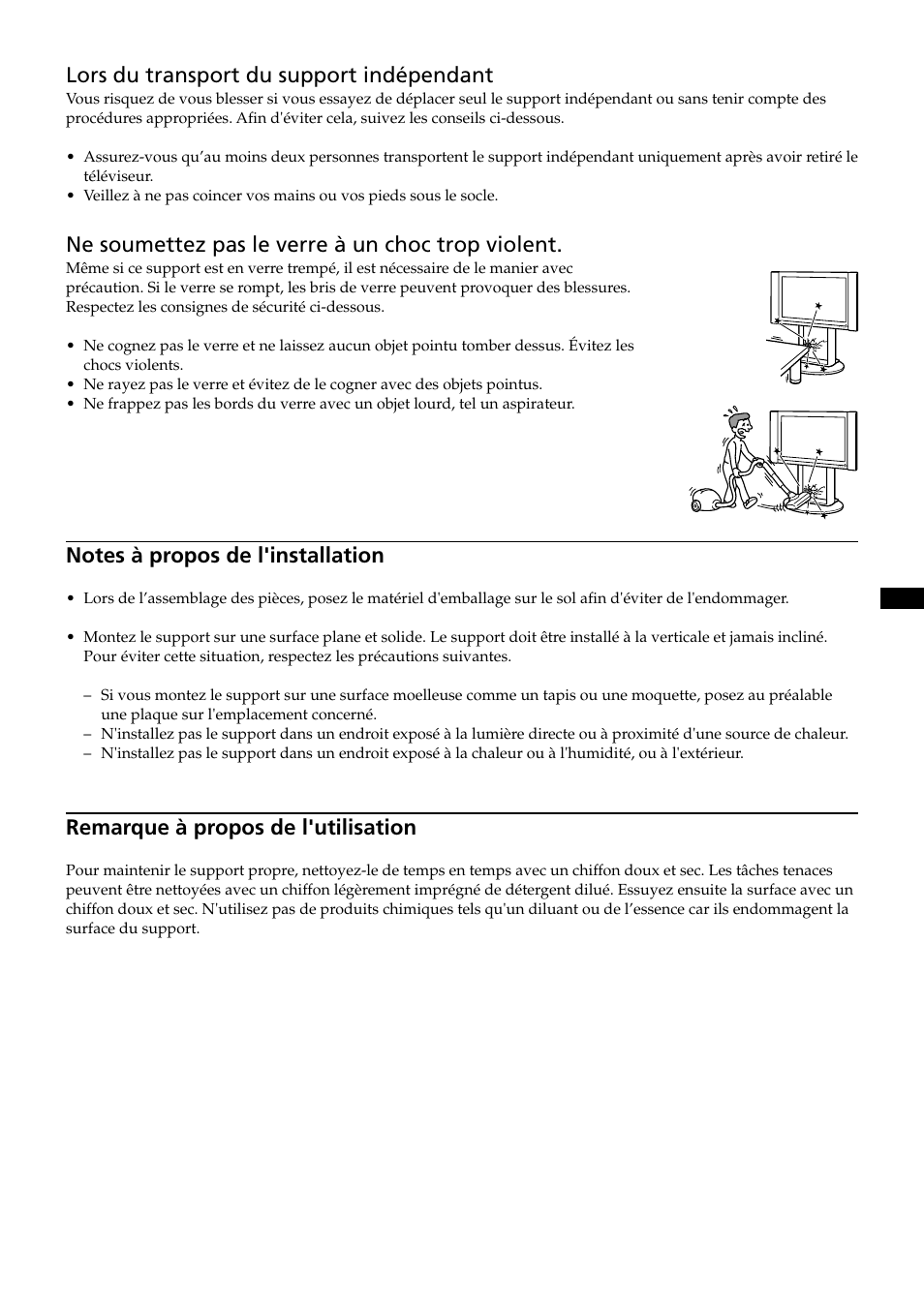 Lors du transport du support indépendant, Ne soumettez pas le verre à un choc trop violent, Remarque à propos de l'utilisation | Sony SU-PF2 User Manual | Page 17 / 40