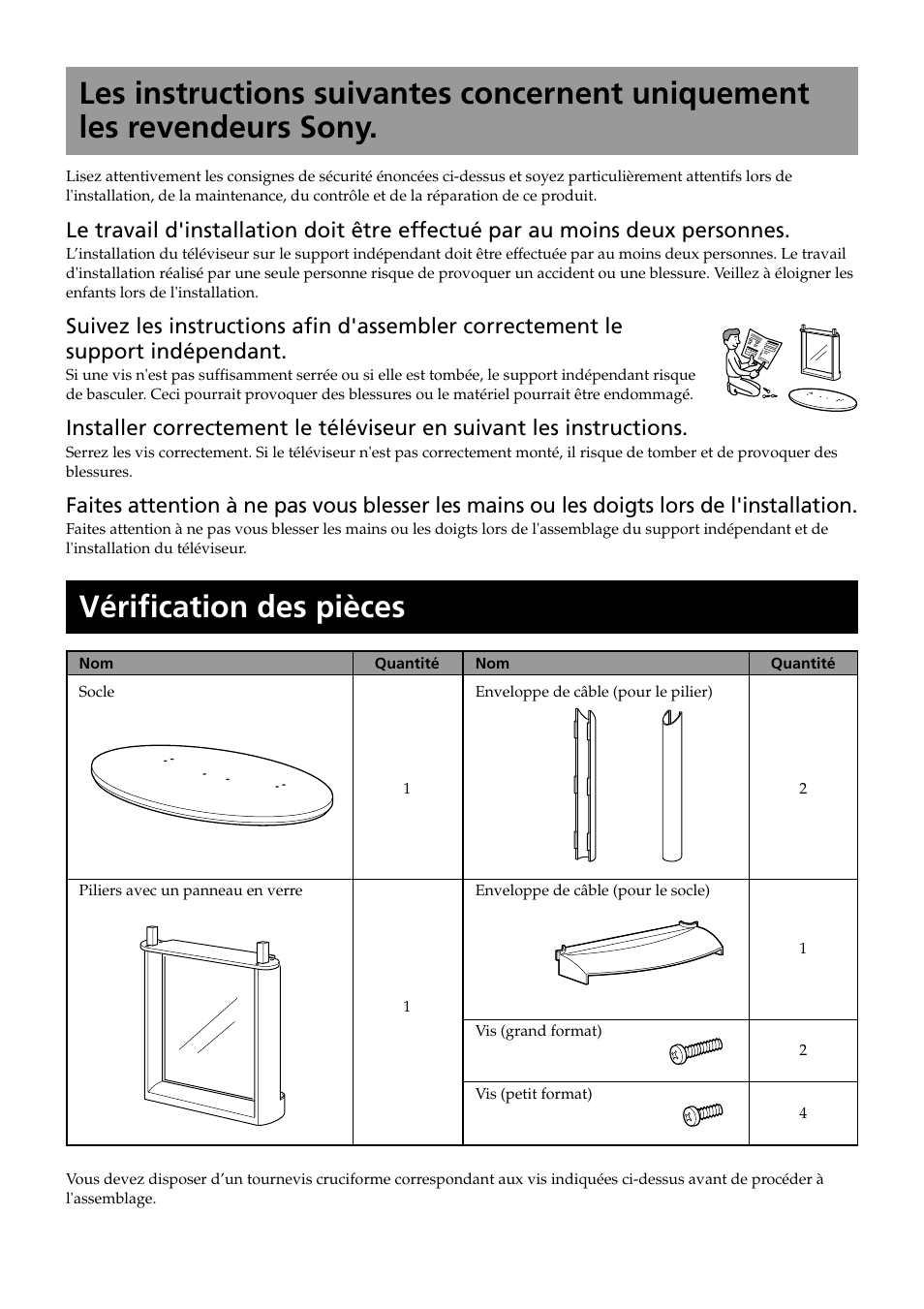 Instructions, Vérification des pièces | Sony SU-PF2 User Manual | Page 18 / 40