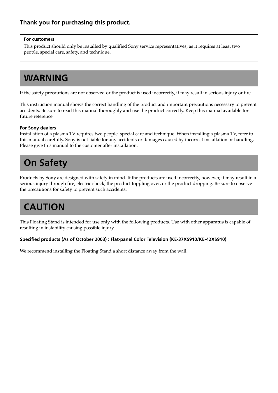 Warning, On safety, Caution | Sony SU-PF2 User Manual | Page 2 / 40