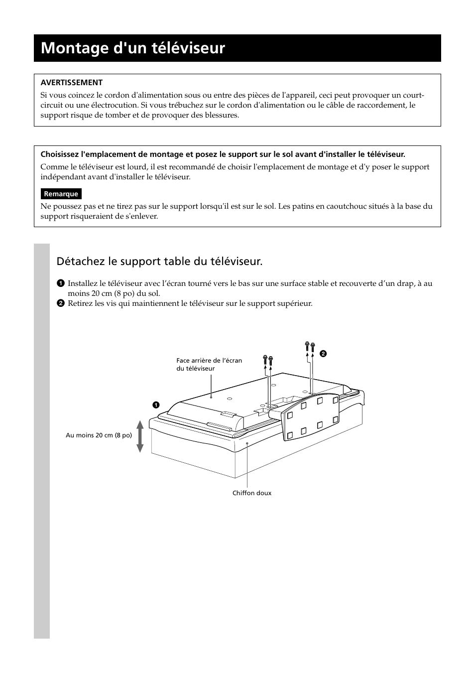 Montage d'un téléviseur, Détachez le support table du téléviseur | Sony SU-PF2 User Manual | Page 20 / 40