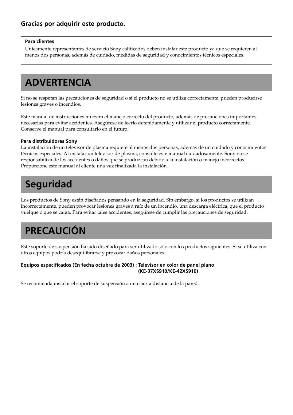 Advertencia, Seguridad, Precaución | Sony SU-PF2 User Manual | Page 26 / 40