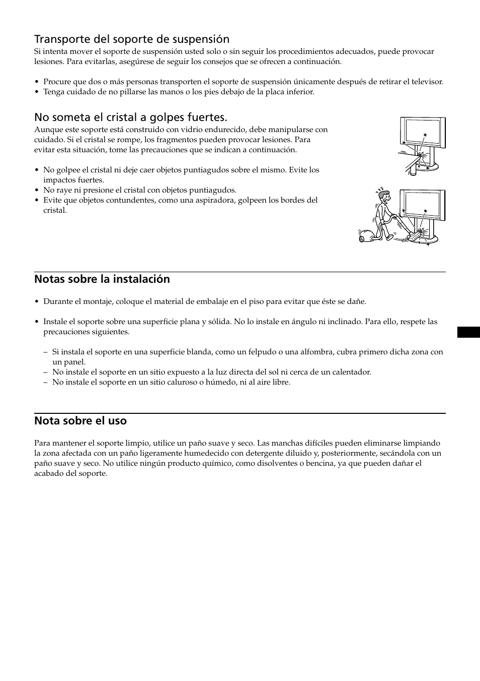 Transporte del soporte de suspensión, No someta el cristal a golpes fuertes, Notas sobre la instalación | Nota sobre el uso | Sony SU-PF2 User Manual | Page 29 / 40