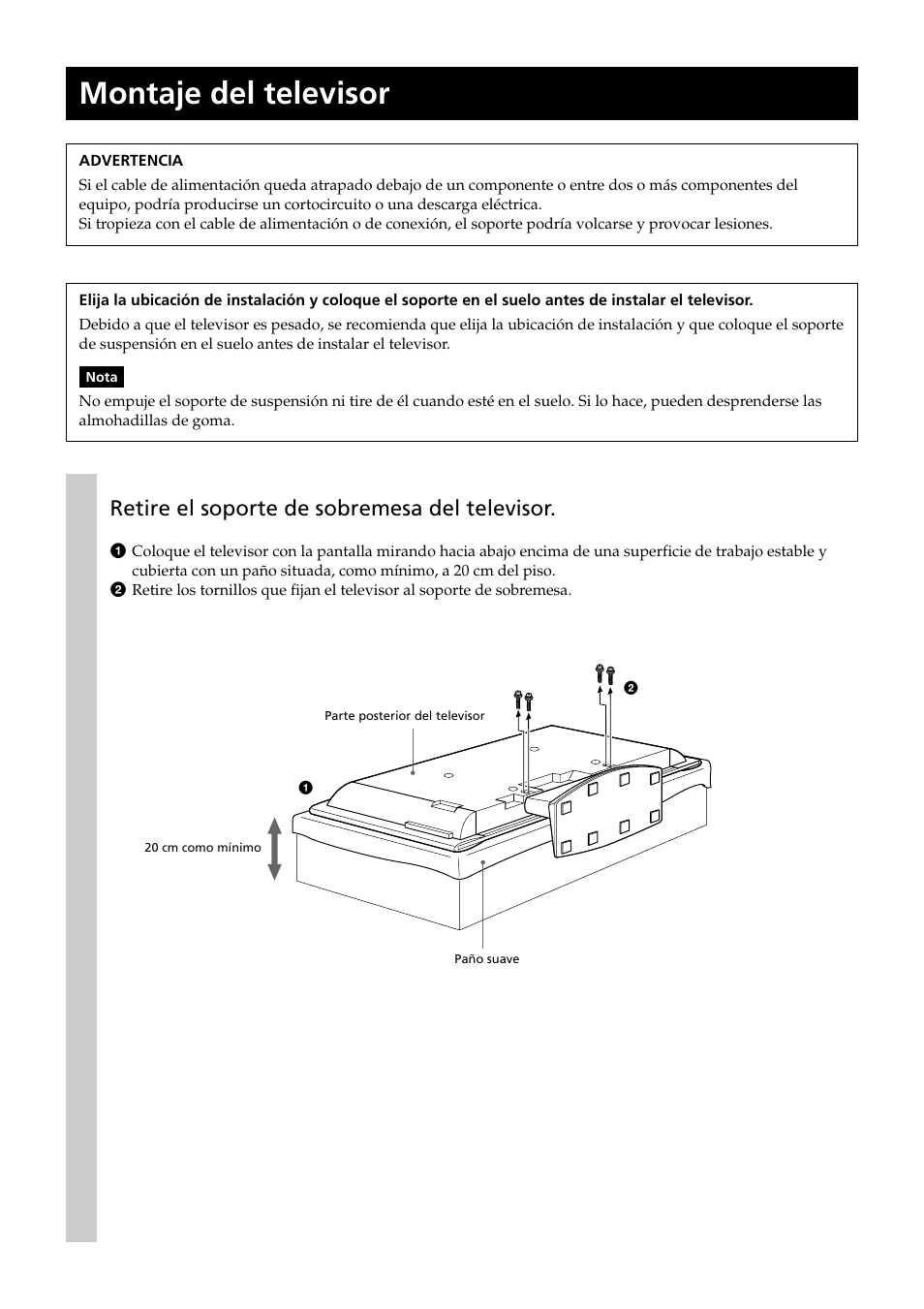 Montaje del televisor, Retire el soporte de sobremesa del televisor | Sony SU-PF2 User Manual | Page 32 / 40