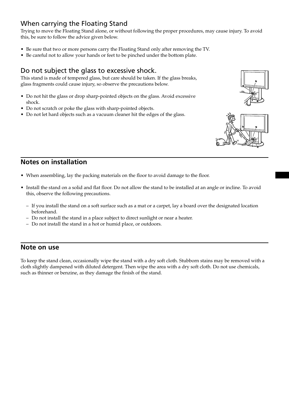 When carrying the floating stand, Do not subject the glass to excessive shock | Sony SU-PF2 User Manual | Page 5 / 40