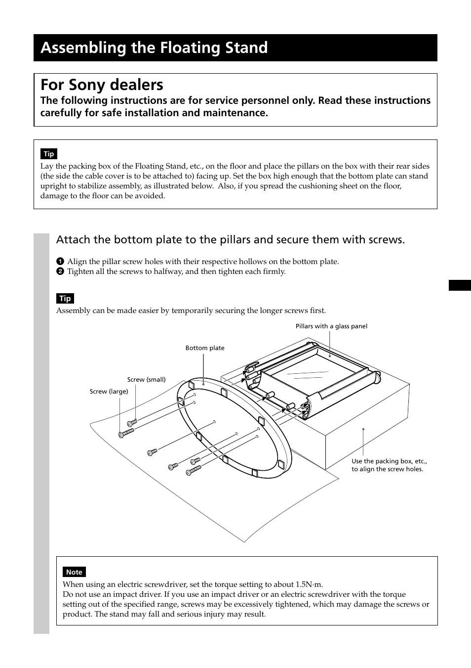 Assembling the floating stand, Assembling the floating stand for sony dealers | Sony SU-PF2 User Manual | Page 7 / 40
