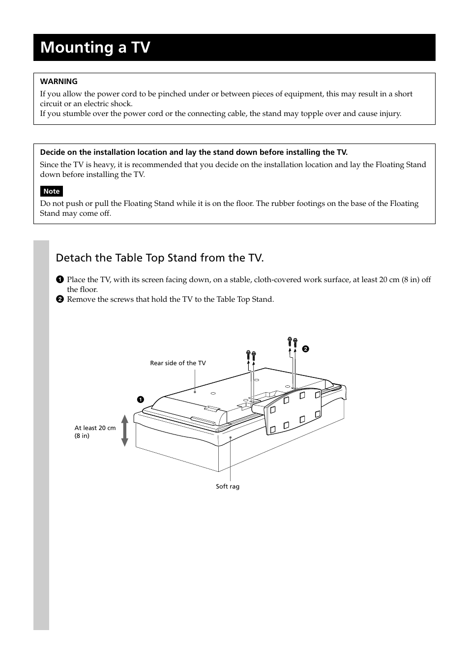 Mounting a tv, Detach the table top stand from the tv | Sony SU-PF2 User Manual | Page 8 / 40