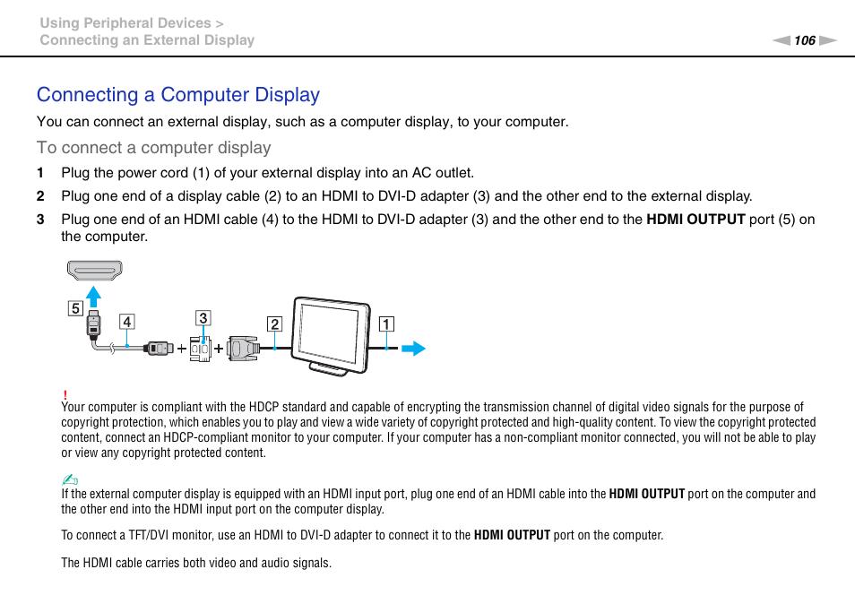 Connecting a computer display | Sony VAIO VPCL2 User Manual | Page 106 / 197