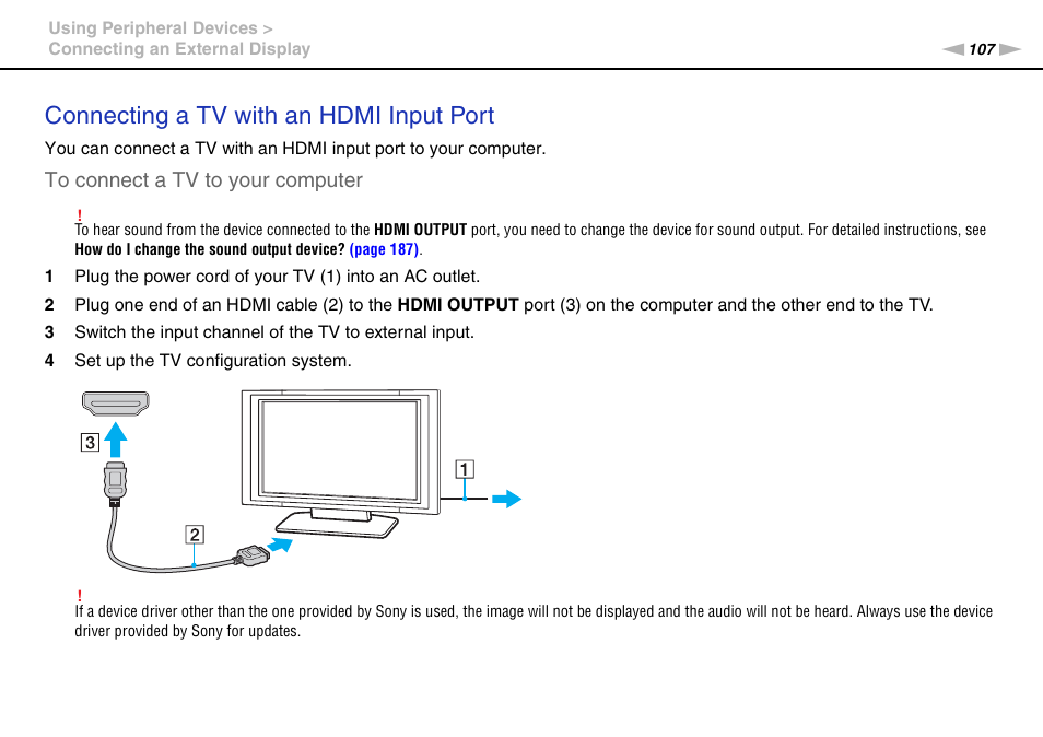 Connecting a tv with an hdmi input port | Sony VAIO VPCL2 User Manual | Page 107 / 197