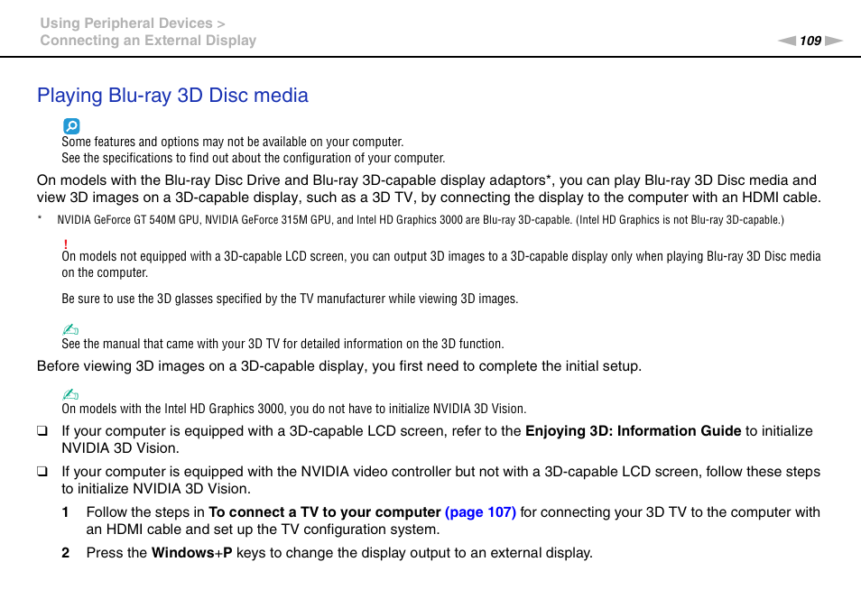 Playing blu-ray 3d disc media | Sony VAIO VPCL2 User Manual | Page 109 / 197