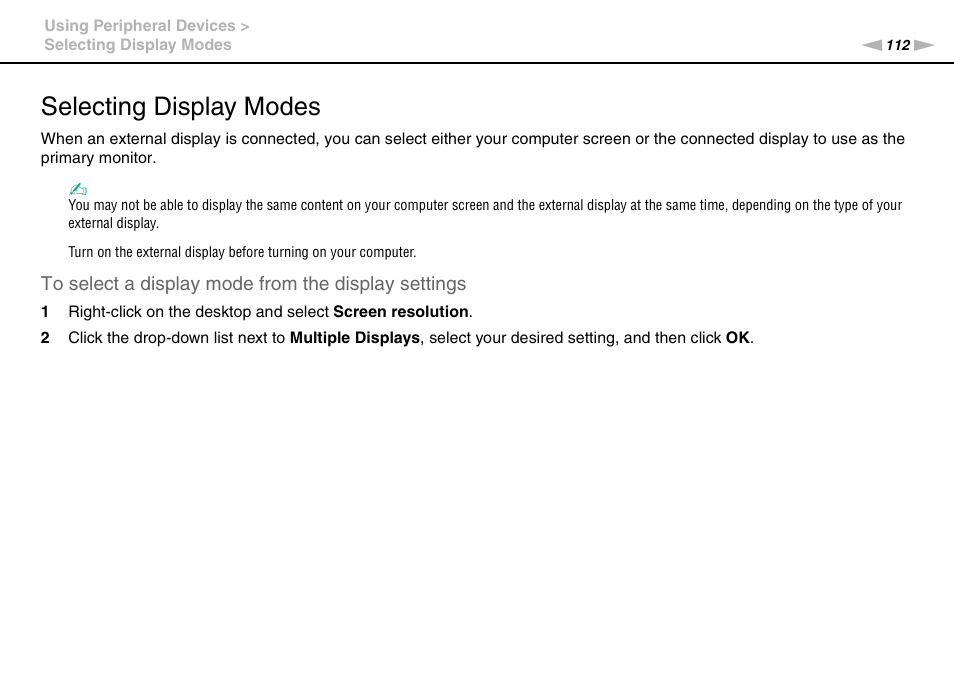 Selecting display modes | Sony VAIO VPCL2 User Manual | Page 112 / 197