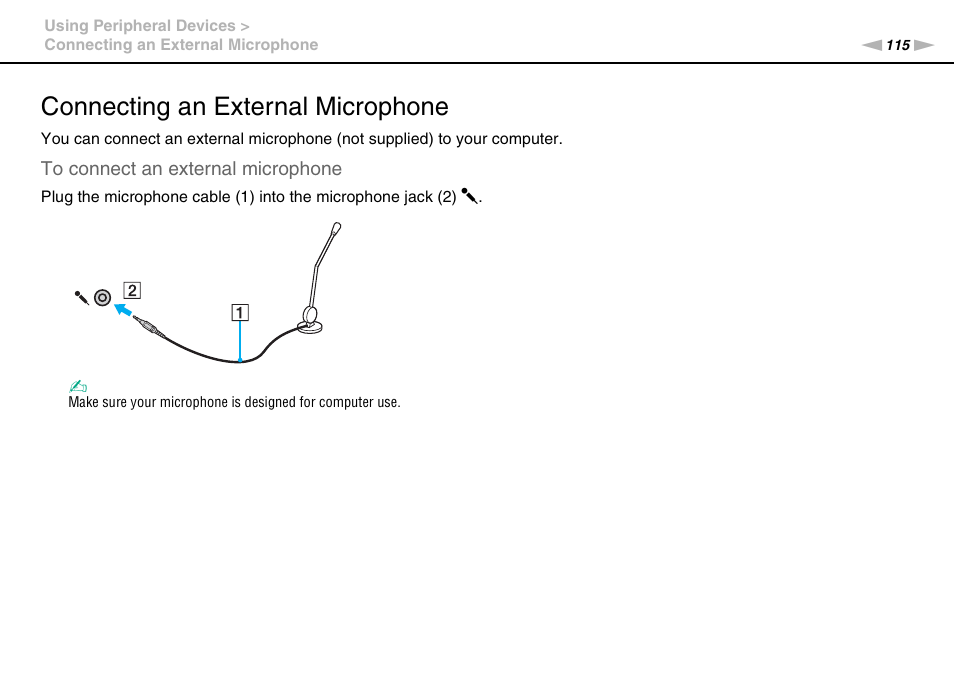 Connecting an external microphone | Sony VAIO VPCL2 User Manual | Page 115 / 197