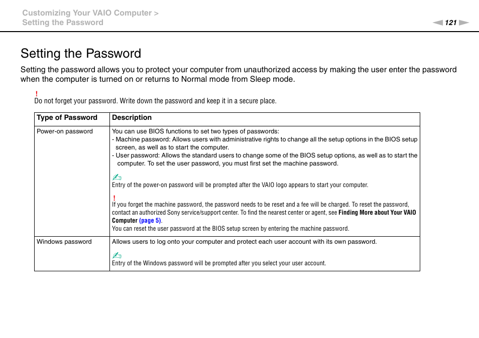 Setting the password | Sony VAIO VPCL2 User Manual | Page 121 / 197