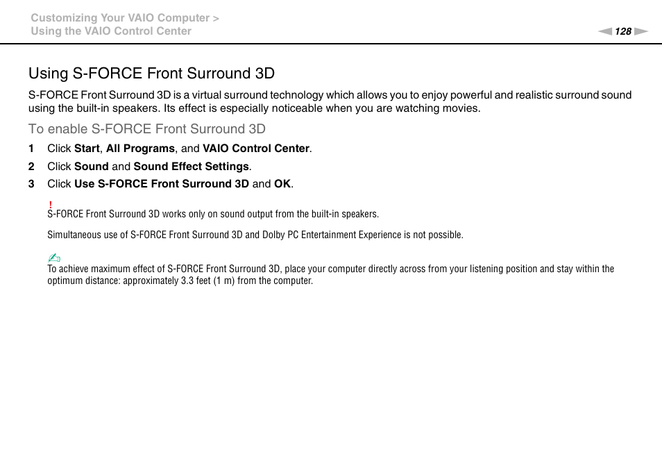 Using s-force front surround 3d | Sony VAIO VPCL2 User Manual | Page 128 / 197