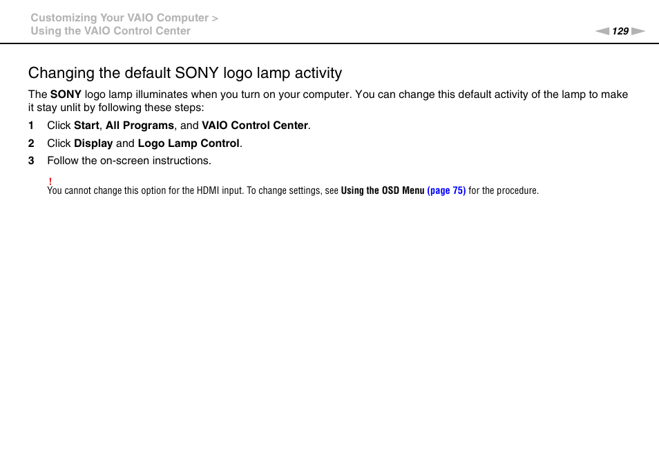 Changing the default sony logo lamp activity | Sony VAIO VPCL2 User Manual | Page 129 / 197