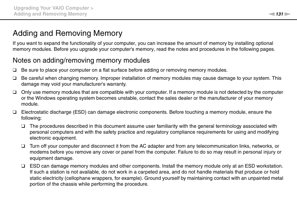 Adding and removing memory | Sony VAIO VPCL2 User Manual | Page 131 / 197