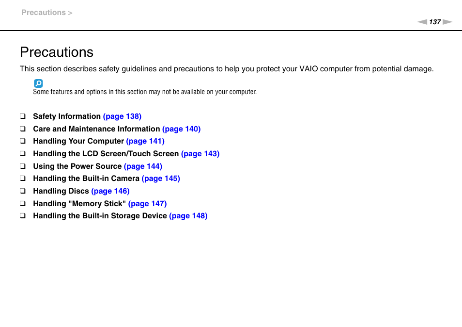 Precautions | Sony VAIO VPCL2 User Manual | Page 137 / 197