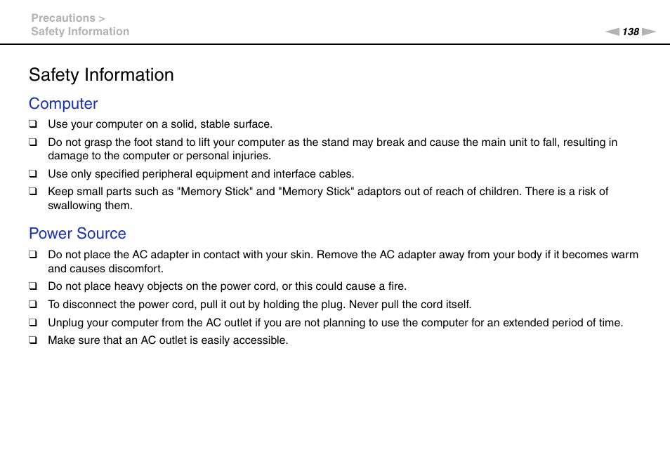 Safety information, Computer, Power source | Sony VAIO VPCL2 User Manual | Page 138 / 197