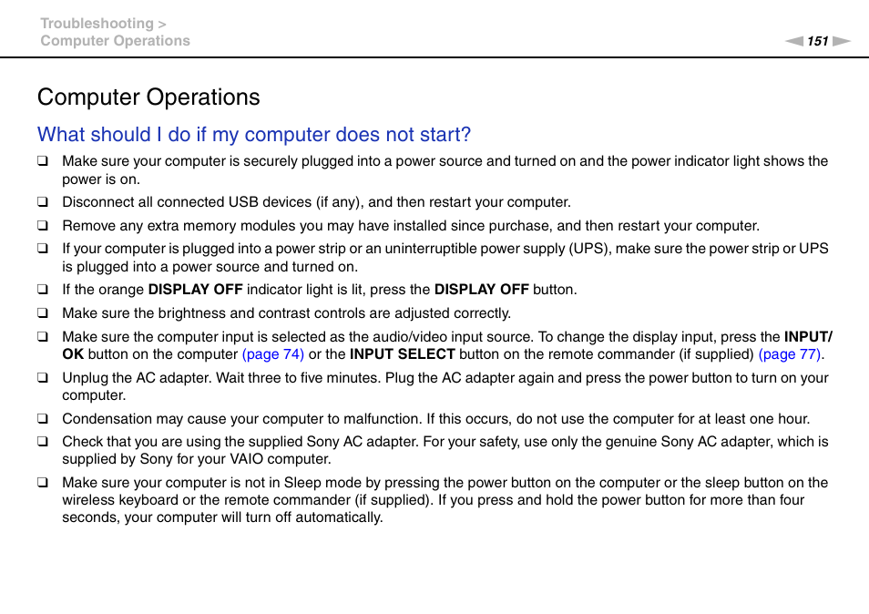 Computer operations, What should i do if my computer does not start | Sony VAIO VPCL2 User Manual | Page 151 / 197