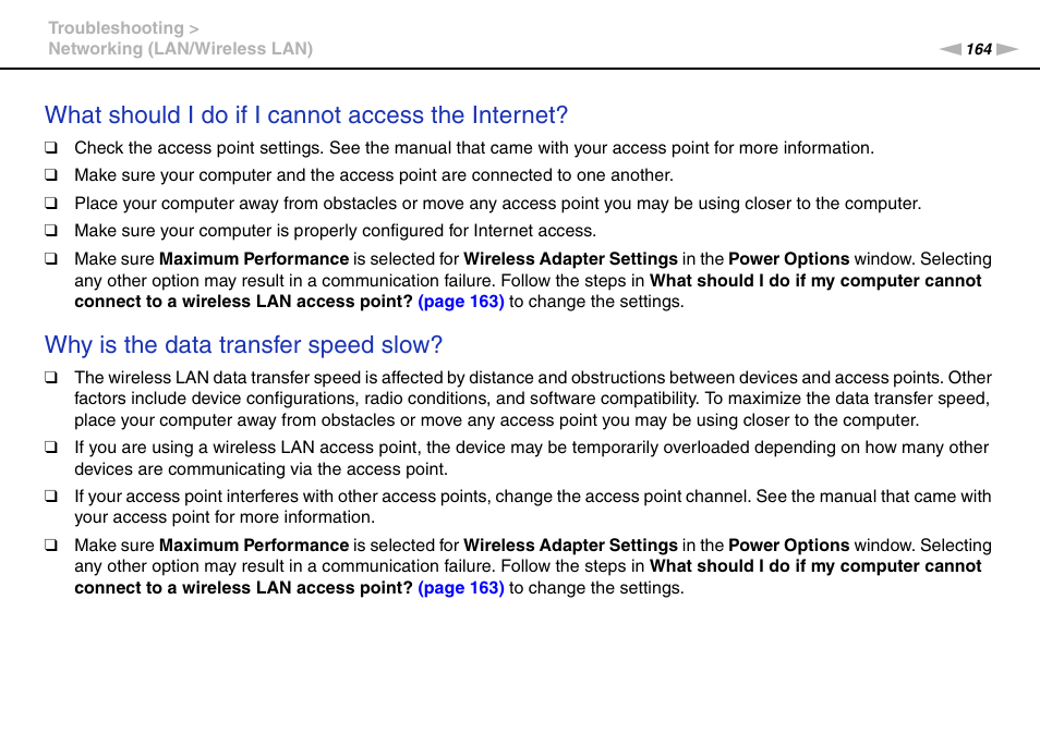 What should i do if i cannot access the internet, Why is the data transfer speed slow | Sony VAIO VPCL2 User Manual | Page 164 / 197