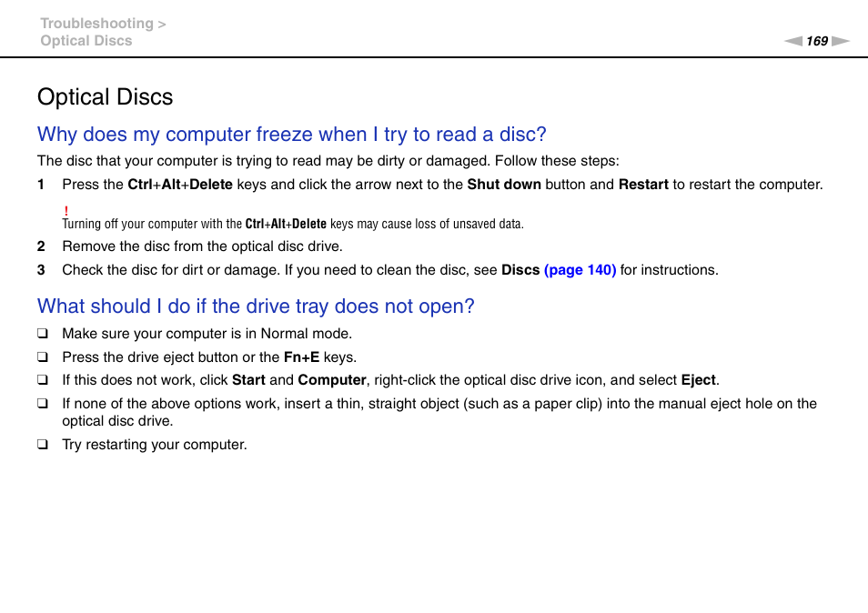 Optical discs, What should i do if the drive tray does not open | Sony VAIO VPCL2 User Manual | Page 169 / 197