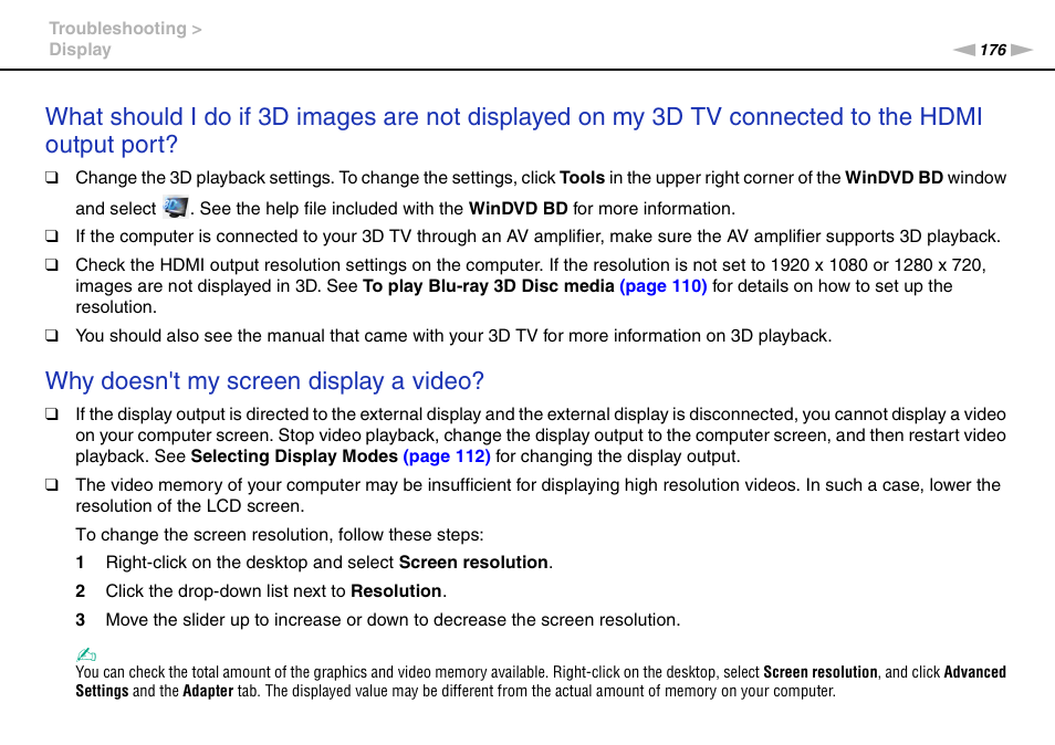 Why doesn't my screen display a video | Sony VAIO VPCL2 User Manual | Page 176 / 197