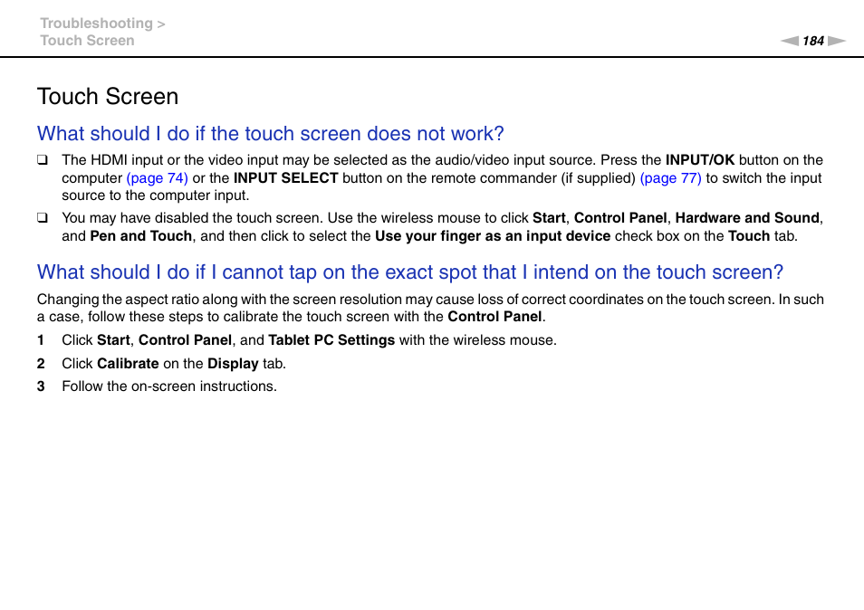 Touch screen, What should i do if the touch screen does not work | Sony VAIO VPCL2 User Manual | Page 184 / 197